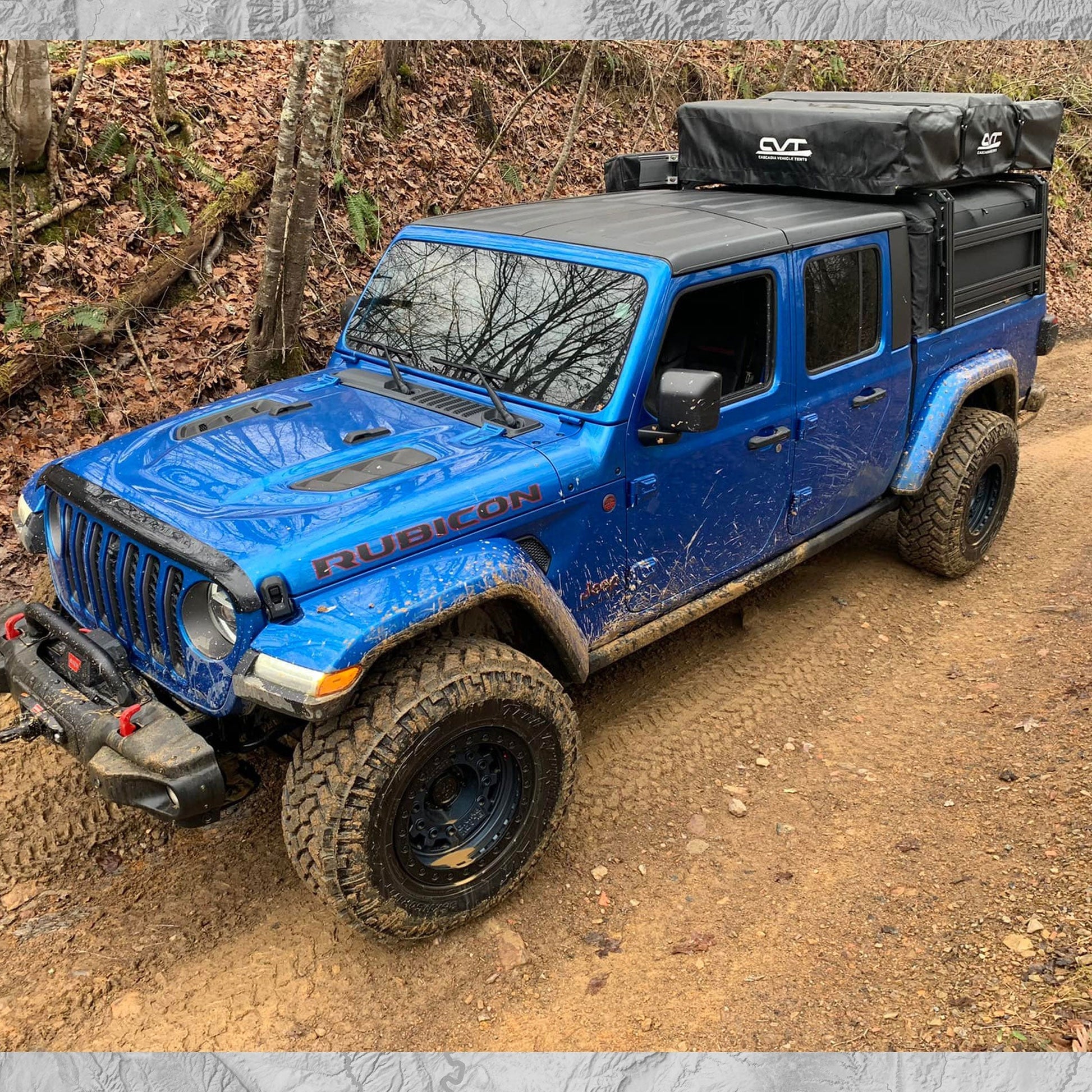 Jeep Gladiator Rubicon with XTR1 Bed Rack, Awning, Roof Top Tent, and SofTopper.  